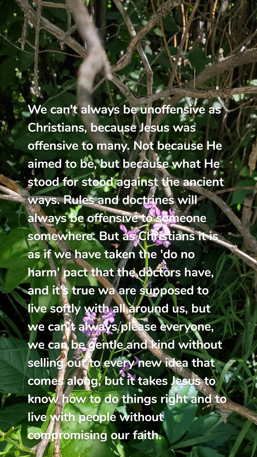 We can't always be unoffensive as Christians, because Jesus was offensive to many. Not because He aimed to be, but because what He stood for stood against the ancient ways. Rules and doctrines will always be offensive to someone somewhere. But as Christians it is as if we have taken the 'do no harm' pact that the doctors have, and it's true wa are supposed to live softly with all around us, but we can't always please everyone, we can be gentle and kind without selling out to every new idea that comes along, but it takes Jesus to know how to do things right and to live with people without compromising our faith.